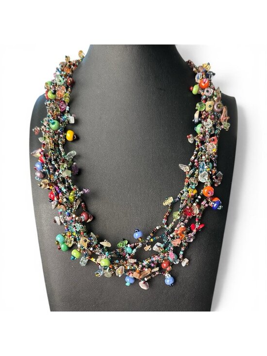 Unbranded Jewelry - Vintage Vibrant Multi Strand Semi Precious Stone Bead Necklace & Glass Bead 22"